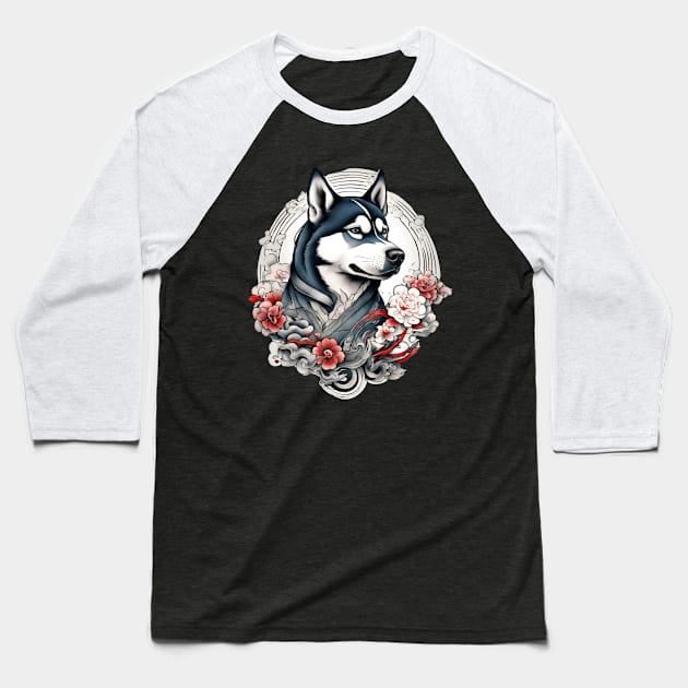 Old School Vintage Japanese Tattoo Art Husky Baseball T-Shirt by Tina